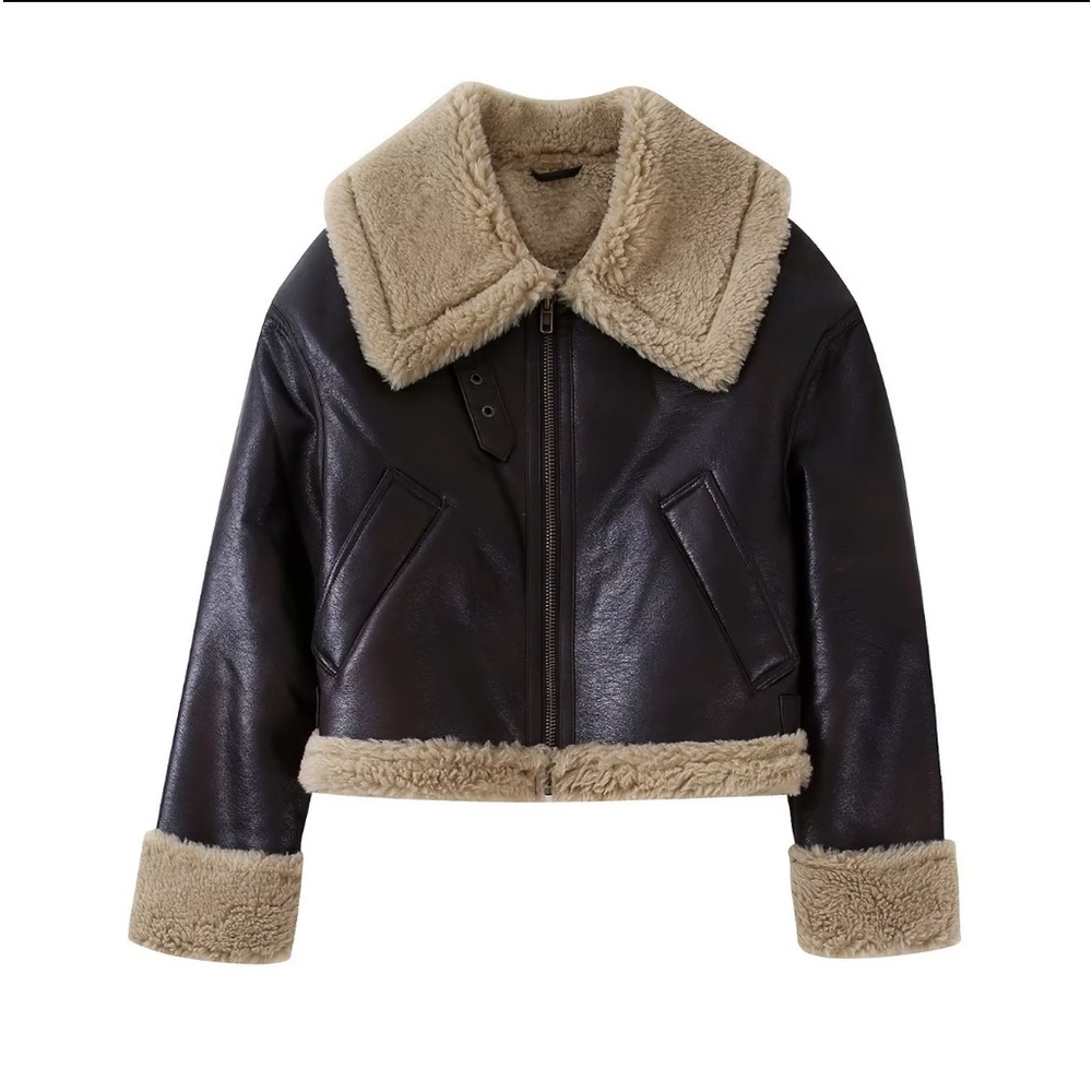 Influencer Famous Aviator Faux Sherling Faux Leather Buckle Moto Coat Jacket - Picture 14 of 14